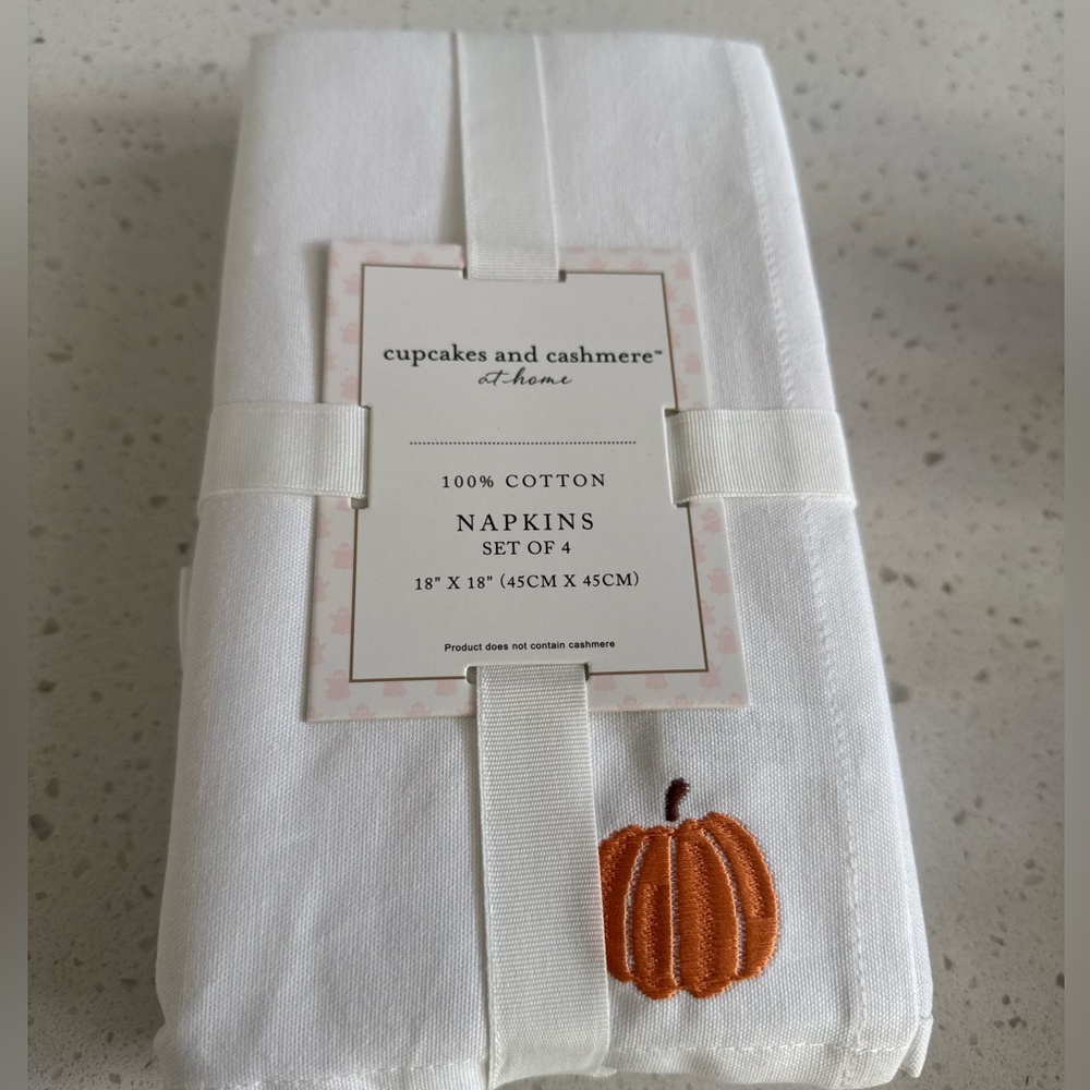 New! Cupcakes&Cashmere at Home White Cotton Napkins w/ Pumpkin Embroidery, 4-pcs